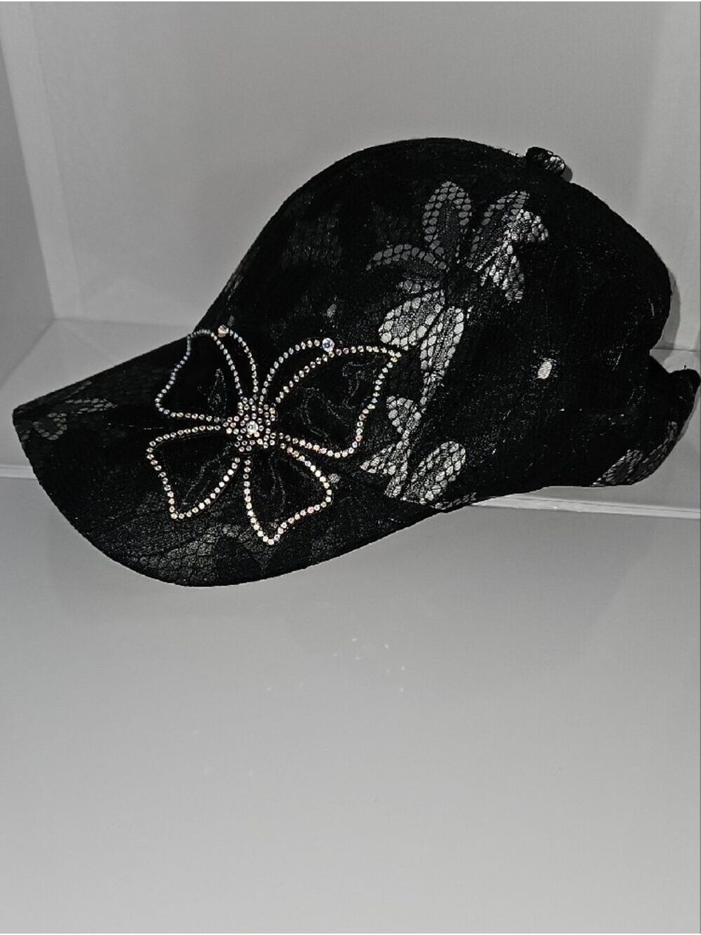 Black Lace Baseball Cap with Rhinestone Butterfly Accent - Picture 3 of 6